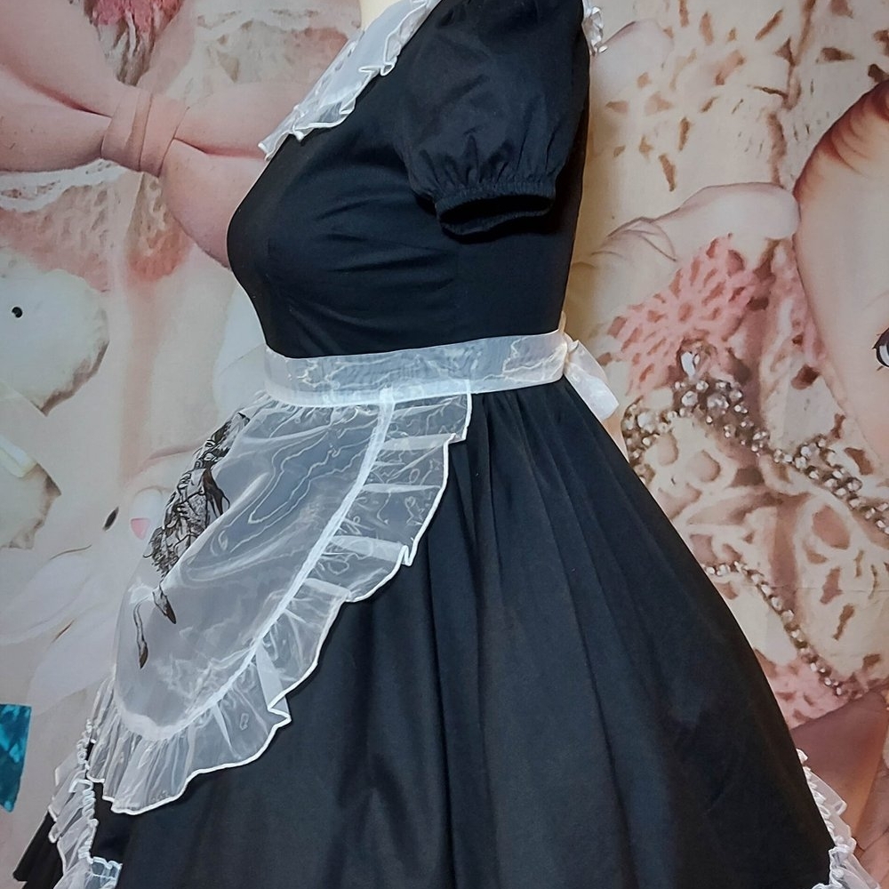 "Domestique" Black Cotton Maid Dress with Sheer Apron - Picture 6 of 12